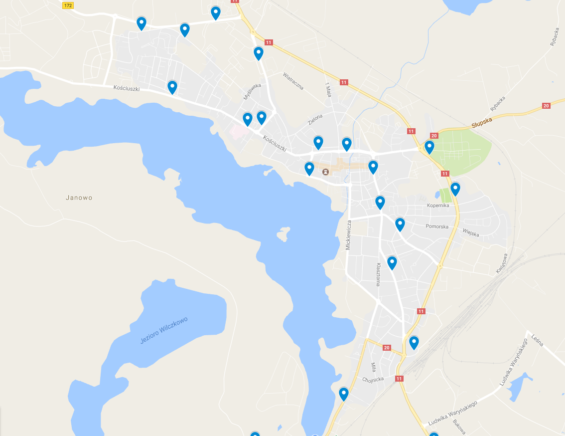 Mapa rozmieszczenia stacji dokujących rowerów.
